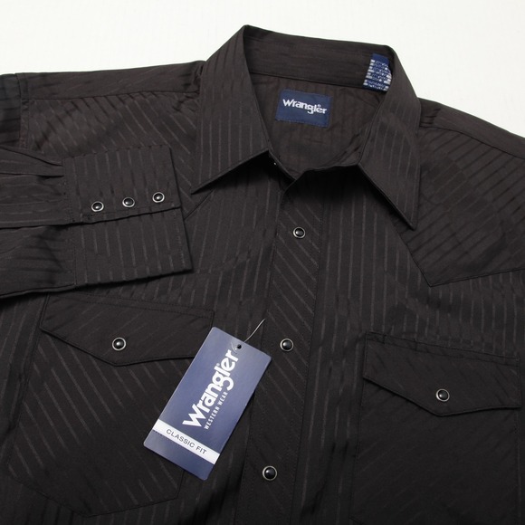 Wrangler Shirt Mens XL Black Classic Fit Western Snap Front Long Sleeve Striped - Picture 1 of 13